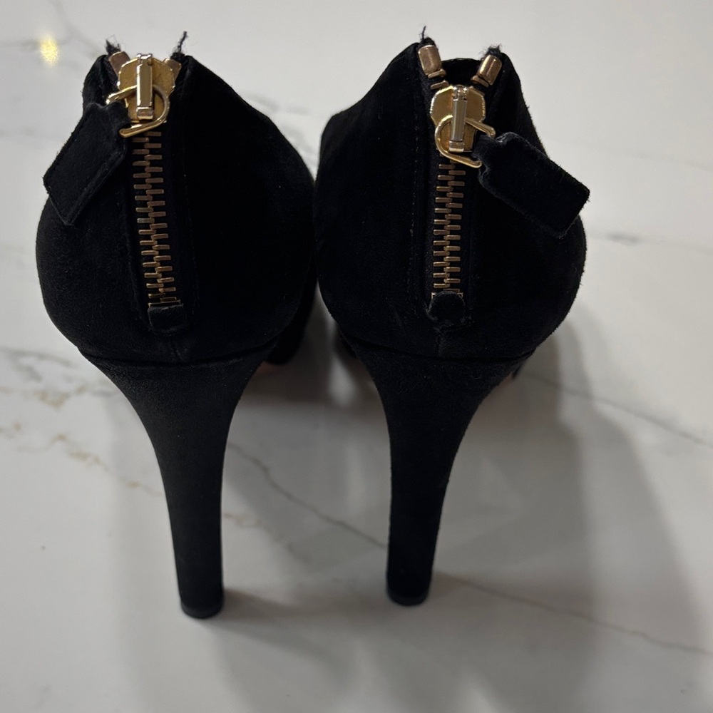 Prada Black Suede Heels with Gold Zipper - Picture 1 of 17